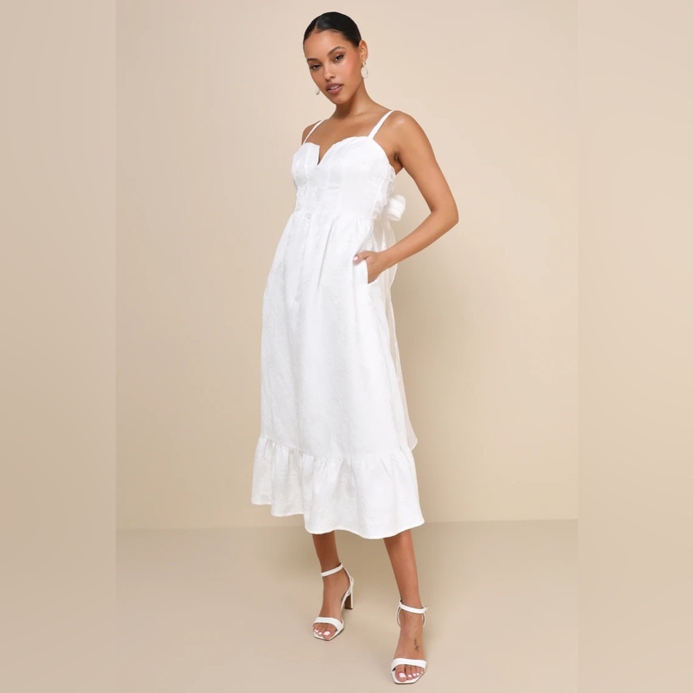 Lulu’s Major Perfection White Floral Jacquard Midi Dress with Pockets